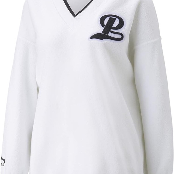 PUMA Women's Team Fancy Fleece V-Neck Crew / White & Black / Size Medium - Picture 2 of 9